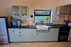 a kitchen with a sink and a microwave at Sunriseview Cottages in Wicklow