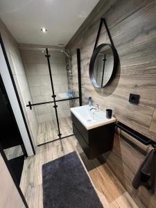 a bathroom with a sink and a mirror at Het Eiland in Delfzijl