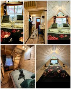 eine Collage von Bildern eines winzigen Hauses in der Unterkunft Borostyánkút Wellness Home Bakonybél in Bakonybél