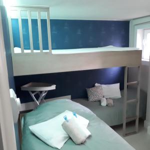 ミッデルケルケにあるHet Koetshuis, op 50m van zee, voor 5 personen, centrum Westende BAD, alle comfortの二段ベッドが備わるドミトリールームのベッド1台分です。