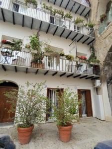 un edificio con macetas y balcones. en Real Fonderia b&b, en Palermo