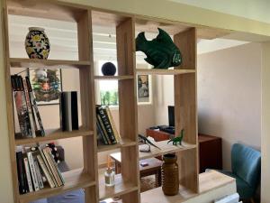 a living room with wooden shelves with books at Logement à castex in Castex