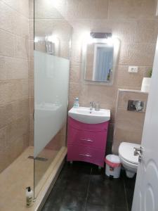 a bathroom with a purple sink and a toilet at Korallia Penthouse in Mamaia Nord