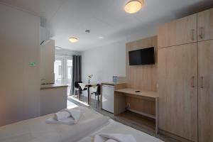 a room with a bed and a desk with a television at See Hotel Karlslust Chalets in Storkow
