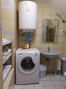 uma pequena casa de banho com uma máquina de lavar roupa e um lavatório em Cozy Holiday Apartment em Izola