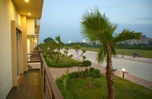 un balcone di un edificio con una palma di Luxury Haven. Harmony Suites. a Vrindāvan
