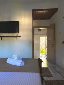 um quarto com uma cama e uma televisão de ecrã plano em Yuri Guest House em Gjirokastër