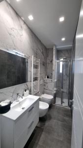 y baño con aseo, lavabo y ducha. en Repubblica Rooms, en Bari