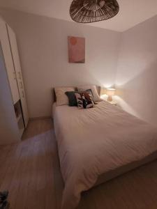 a bedroom with a large white bed with two pillows at Joli 2 pièces rénové à proximité des plages in Le Pradet