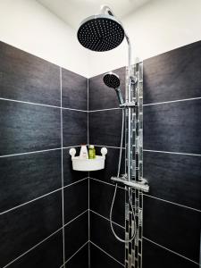 uma casa de banho com um chuveiro com azulejos pretos em L'atelier de Jane em Sennecey-lès-Dijon