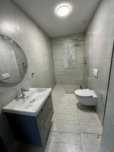 a bathroom with a sink and a shower and a toilet at Pokoje Dziwnów Welle in Dziwnów