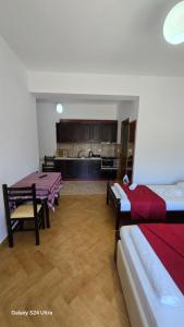 sala de estar con 2 camas y cocina en Vila Zeqo Muka, en Ksamil