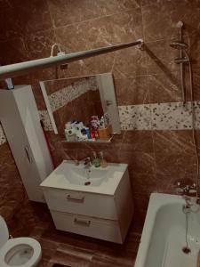 uma casa de banho com um lavatório, um WC e um espelho. em Rise Lodge em Bruxelas