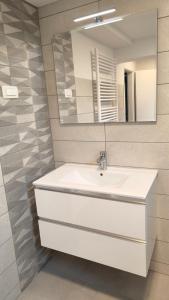 ein Badezimmer mit einem weißen Waschbecken und einem Spiegel in der Unterkunft Sava river house - apartments in Bled