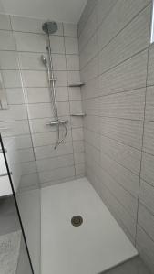 eine Dusche mit Glastür im Bad in der Unterkunft Sava river house - apartments in Bled