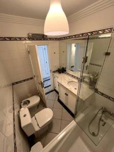 La salle de bains est pourvue de toilettes, d'un lavabo et d'une douche. dans l'établissement Moradia Almorávia, à Olhos de Água
