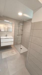 La salle de bains est pourvue d'une douche en verre et d'un lavabo. dans l'établissement Sava river house - apartments, à Bled