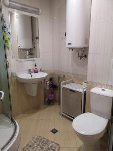 a small bathroom with a toilet and a sink at Sveti Vlas Sky Dreams Apartment in Sveti Vlas +35 photos
