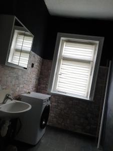 a bathroom with a toilet and a sink and two windows at Einfache Monteurwohnung in Bleicherode in Bleicherode