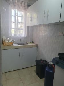 cocina con armarios blancos, fregadero y ventana en Novel 1-Bedroom in Madaraka Estate, Nairobi en Nairobi