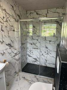 a bathroom with a shower with black and white marble at Pokoje i apartamenty Aga Centrum in Wisła