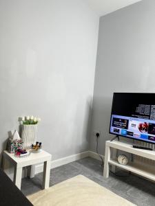 a living room with a flat screen tv on a table at Cozy Studio Kelham Island in Oughtibridge