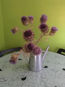un jarrón lleno de flores púrpuras en una mesa en Caminho de Santiago, Alandroal, en Alandroal