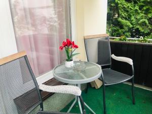 a glass table with two chairs and a vase with red flowers at Éjjelibagoly Vendégház in Szentes