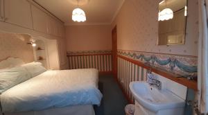a small bedroom with a bed and a sink at Village Cottage in Dunkineely