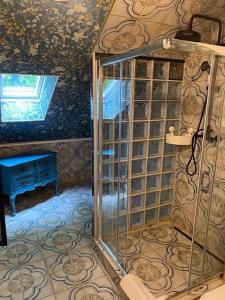 a shower with a glass door in a bathroom at Ferienwohnung 28 am Saseler Markt 4 Schlafzimmer renoviert in Hamburg