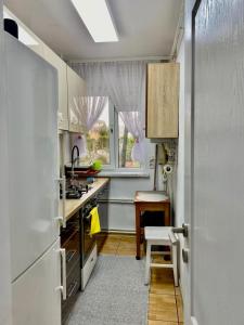 een keuken met witte kasten en een raam bij Mainstreet Apartments Suceava in Suceava