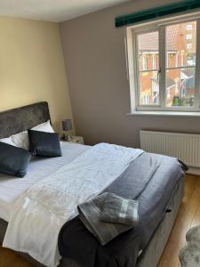 sypialnia z łóżkiem z niebieskimi poduszkami i oknem w obiekcie Stylish 2 Bedroom Home In Essex w mieście Basildon