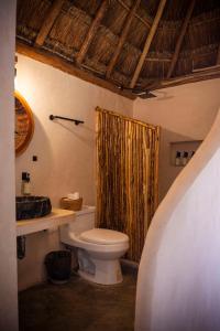 un baño con inodoro y ducha en CASA BERTORIA, en Bacalar 23 fotos más