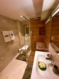 a bathroom with a sink and a shower at Holiday Home Nautica in Kotor
