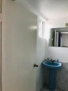 uma casa de banho com um lavatório azul e um espelho. em Cockpit County Mountain Room em Kupuis