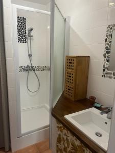 uma casa de banho branca com um chuveiro e um lavatório. em Les Oliviers CENTURI-PORT em Centuri