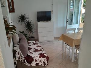 uma sala de estar com um sofá e uma mesa com uma televisão em Apartments Viganj em Viganj