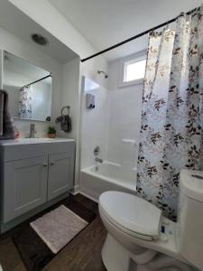 a bathroom with a toilet and a shower curtain at Private Getaway In Midtown 2bedroom- SLEEP 5 in Atlanta