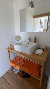 ein Badezimmer mit einem Waschbecken und einer Theke mit Handtüchern in der Unterkunft Chambre L à Tavel in Tavel