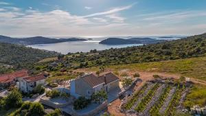 an aerial view of a house on a hill with a lake at Apartmani Selo Luka in Ražanj