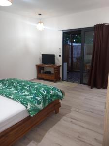 1 dormitorio con 1 cama y escritorio con TV en Terei-Here Bungalow Airport en Avae