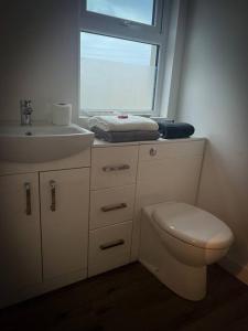 a bathroom with a toilet and a sink and a window at The Stables at Ballyward Croft in Ardkeen +41 photos