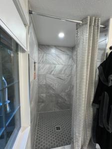 a shower with a glass door in a bathroom at Mountainview Cottage in Chilliwack