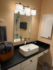 a bathroom with a white sink and a mirror at Chicks Beach Retreat in Virginia Beach