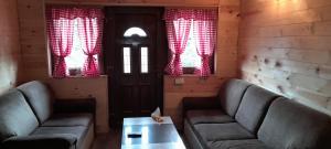 Zimmer mit 2 Sofas, einem Tisch und Fenstern in der Unterkunft Weekend House Komovi-Kobildo in Kolašin