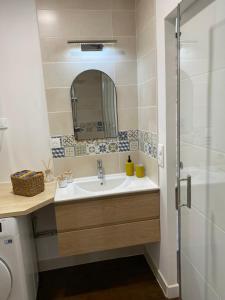 een badkamer met een wastafel, een spiegel en een douche bij Le Colibri - Domaine de la Houblette in Challans