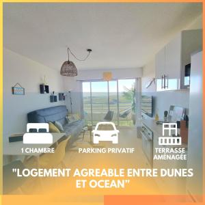 a rendering of a living room with a room with at T2 cozy face dunes et océan - Thalasso et golf in Saint-Jean-de-Monts