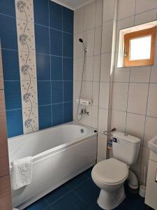 a bathroom with a white tub and a toilet at Casa Amiral in Sulina