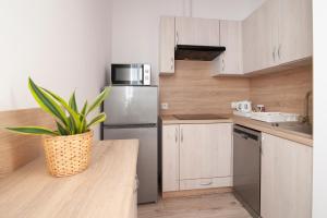 a kitchen with a stainless steel refrigerator and a potted plant at Apartamenty Emilia 2 in Gniezno