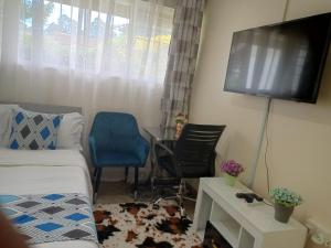 Habitación con cama, mesa y TV. en The Pearl Cage Gigiri-Near US Embassy, en Nairobi